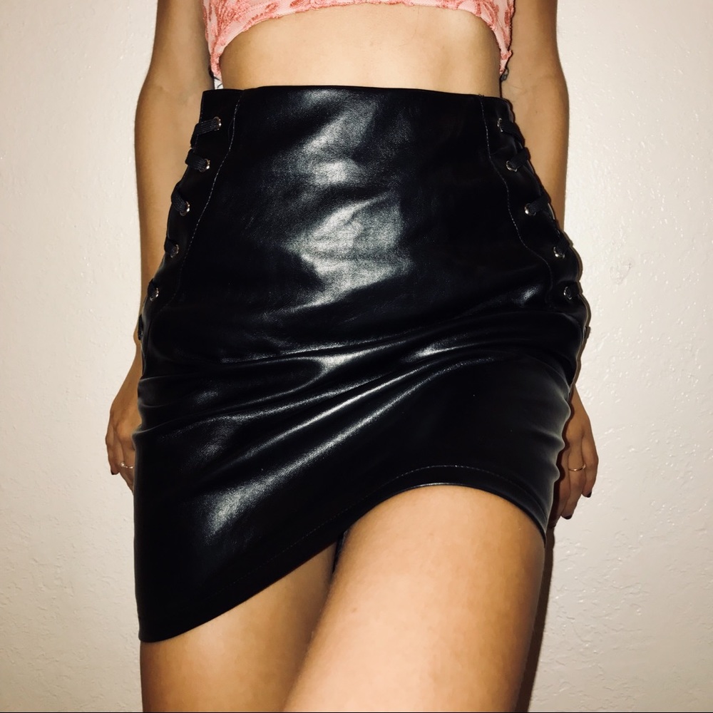 faux leather mini skirt with lace up sides